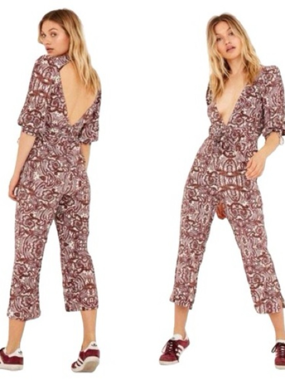 For Love & Lemons Burgundy Paisley Deep-V Cropped Jumpsuit